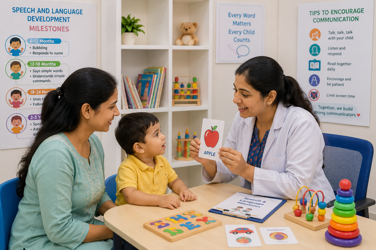 Speech and language development evaluation in toddler, parent-child interaction, communication milestone assessment