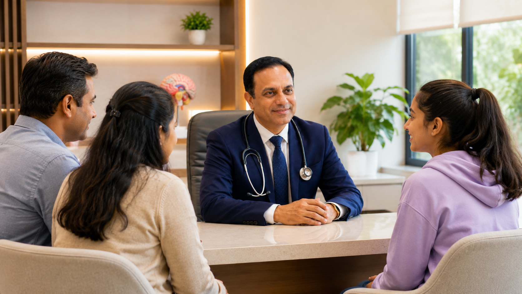 Dr Sunil Sable consulting with teenager and parents at adolescent behavioral health clinic in Ahilyanagar