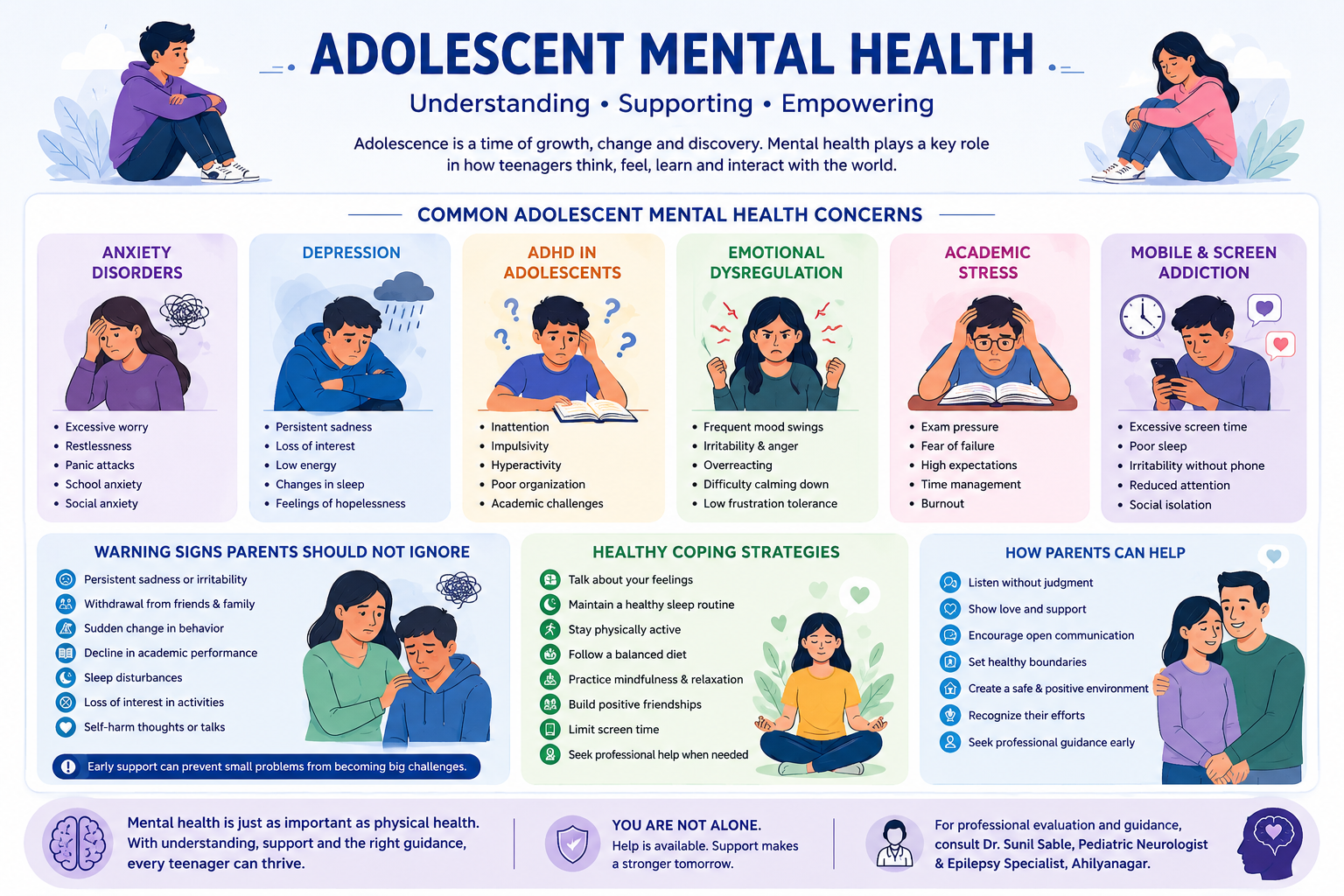 Adolescent mental health infographic showing anxiety depression ADHD and screen Dr Sunil Sable Pediatric Neurologist and Epilepsy Specialist Ahilynagar(Ahmednagar) Maharashtraaddiction