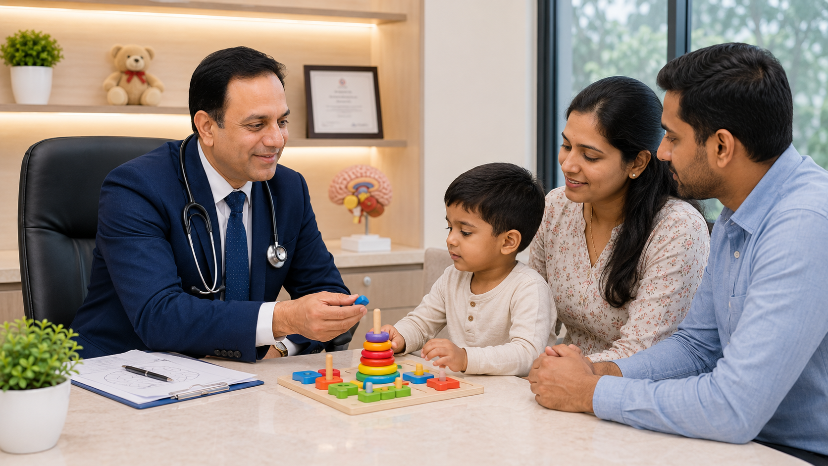 Dr Sunil Sable evaluating a child with developmental delay at a pediatric neurology clinic in Ahilyanagar
