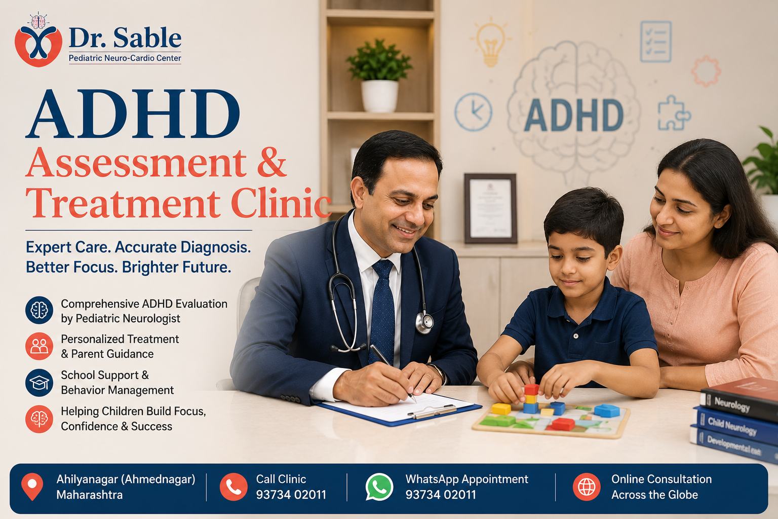 Dr. Sunil Sable, Pediatric Neurologist & Epilepsy Specialist, assessing a child with ADHD at the ADHD Assessment & Treatment Clinic in Ahilyanagar (Ahmednagar), Maharashtra.