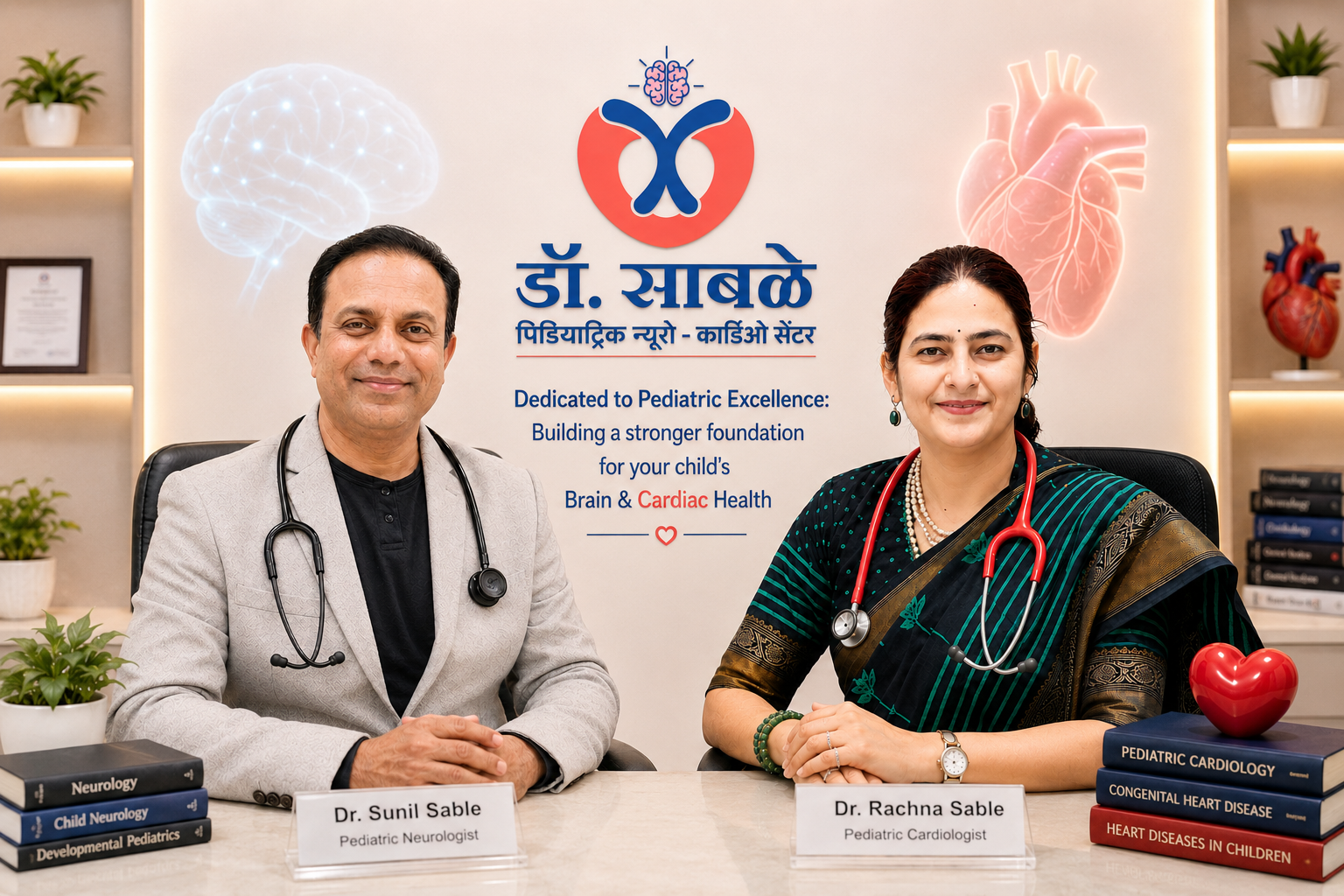 Dr. Sunil Sable, Pediatric Neurologist and Epilepsy Specialist, with Dr. Rachna Sable, Pediatric Cardiologist, at Dr. Sunil Sable Pediatric Neurology & Cardiology Centre, Ahilyanagar (Ahmednagar), Maharashtra.