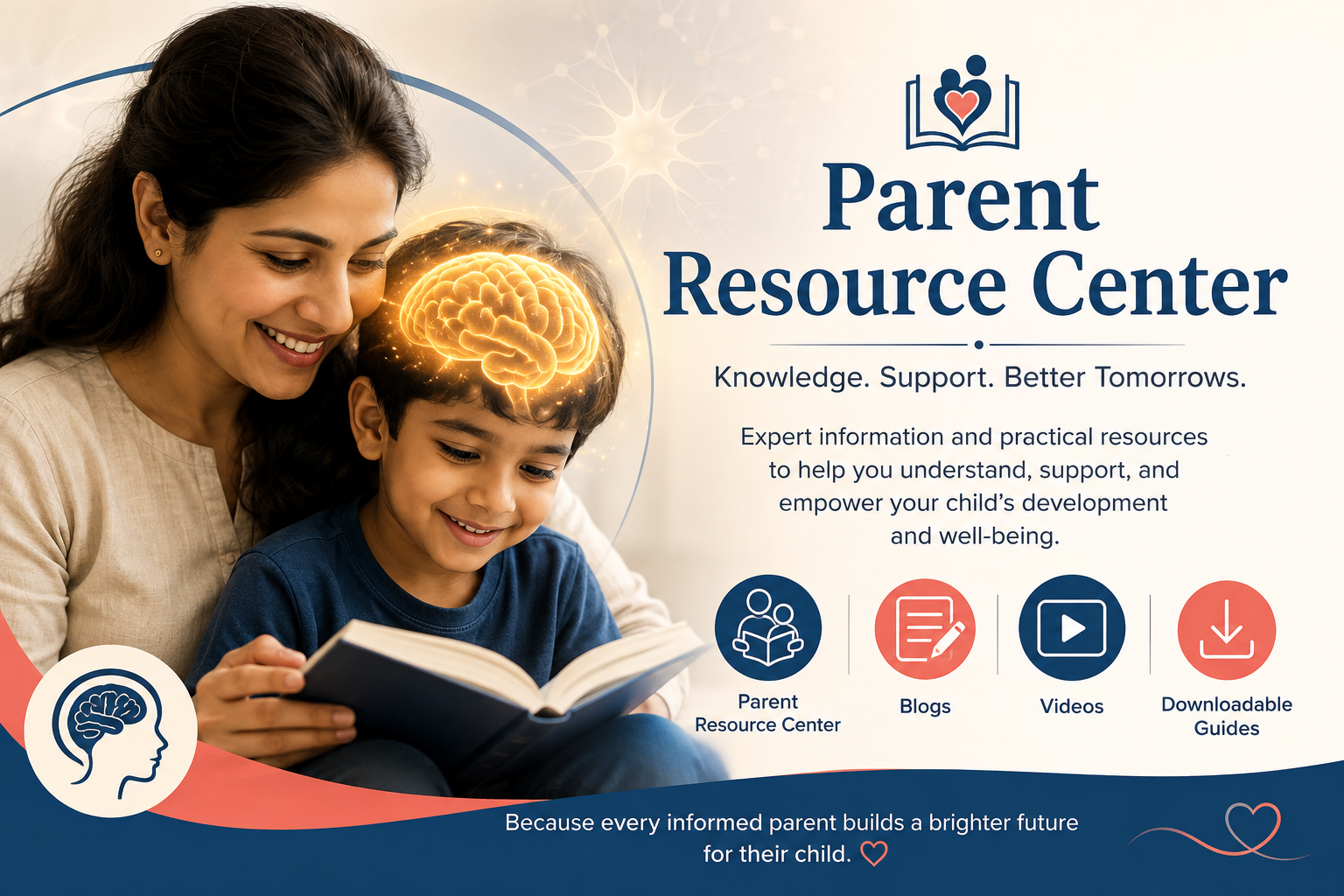 Mother reading with her child while the child's brain glows, representing brain development and learning. Parent Resource Center by Dr. Sunil Sable, Pediatric Neurologist and Epilepsy Specialist, Ahmednagar (Ahilyanagar), Maharashtra.